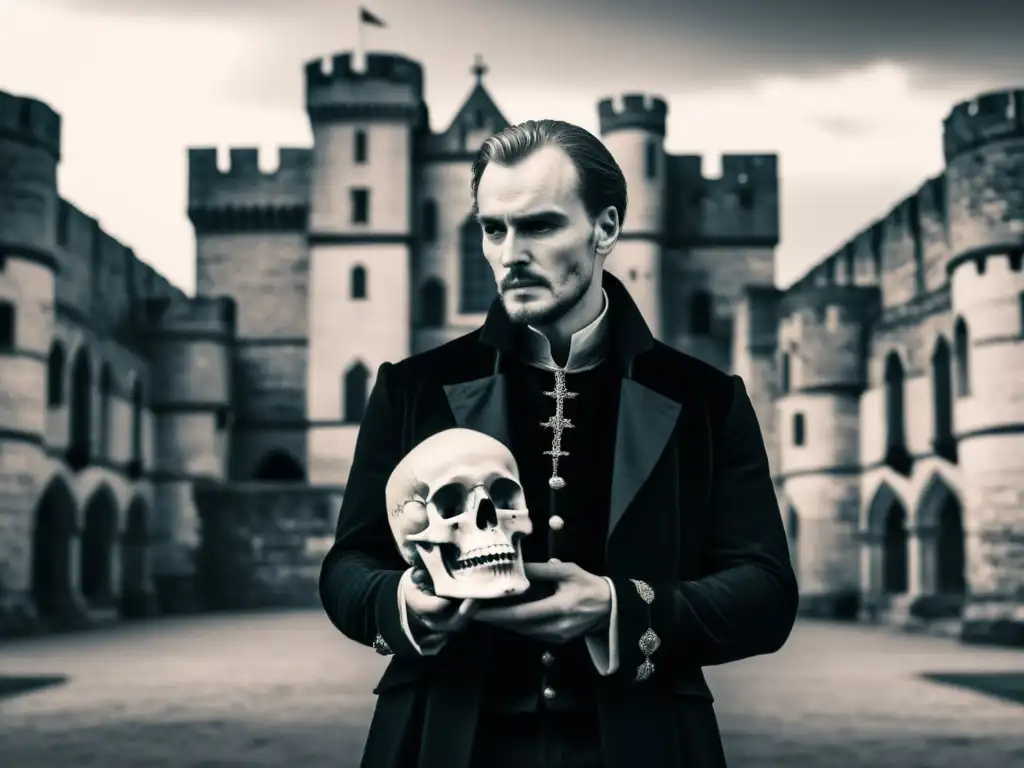 Hamlet contemplativo con calavera en castillo medieval Imagen en blanco y negro de Hamlet sosteniendo un cráneo, con una expresión de ironía, frente a un castillo medieval