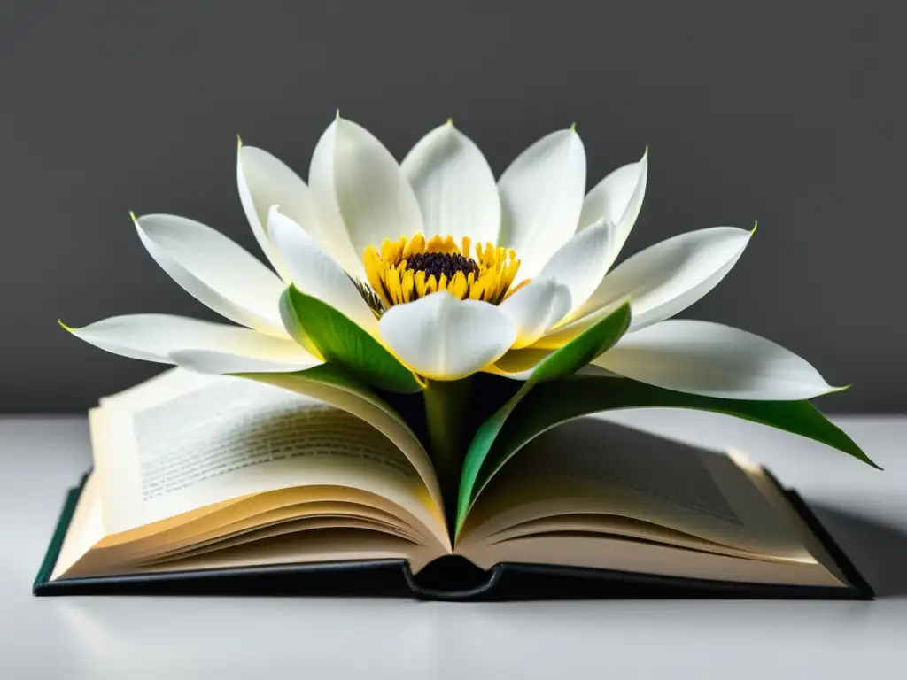 Una imagen en blanco y negro de un libro abierto con una flor vibrante y floreciente, simbolizando la importancia de la metáfora en literatura