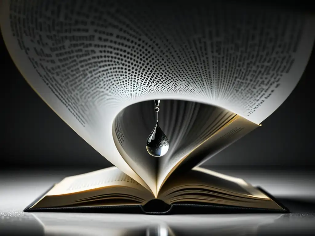 Imagen en blanco y negro de un libro abierto con una gota de agua suspendida sobre las páginas, reflejando la luz con claridad