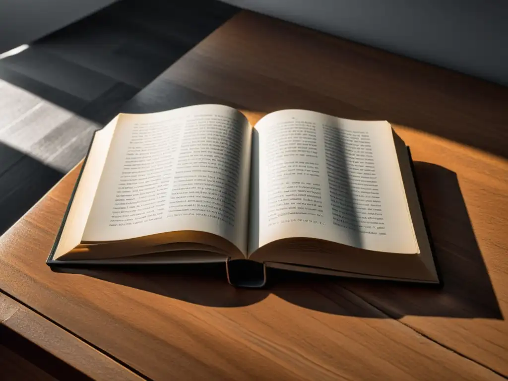 Imagen en blanco y negro de un libro abierto en una mesa de madera, iluminado por un rayo de sol