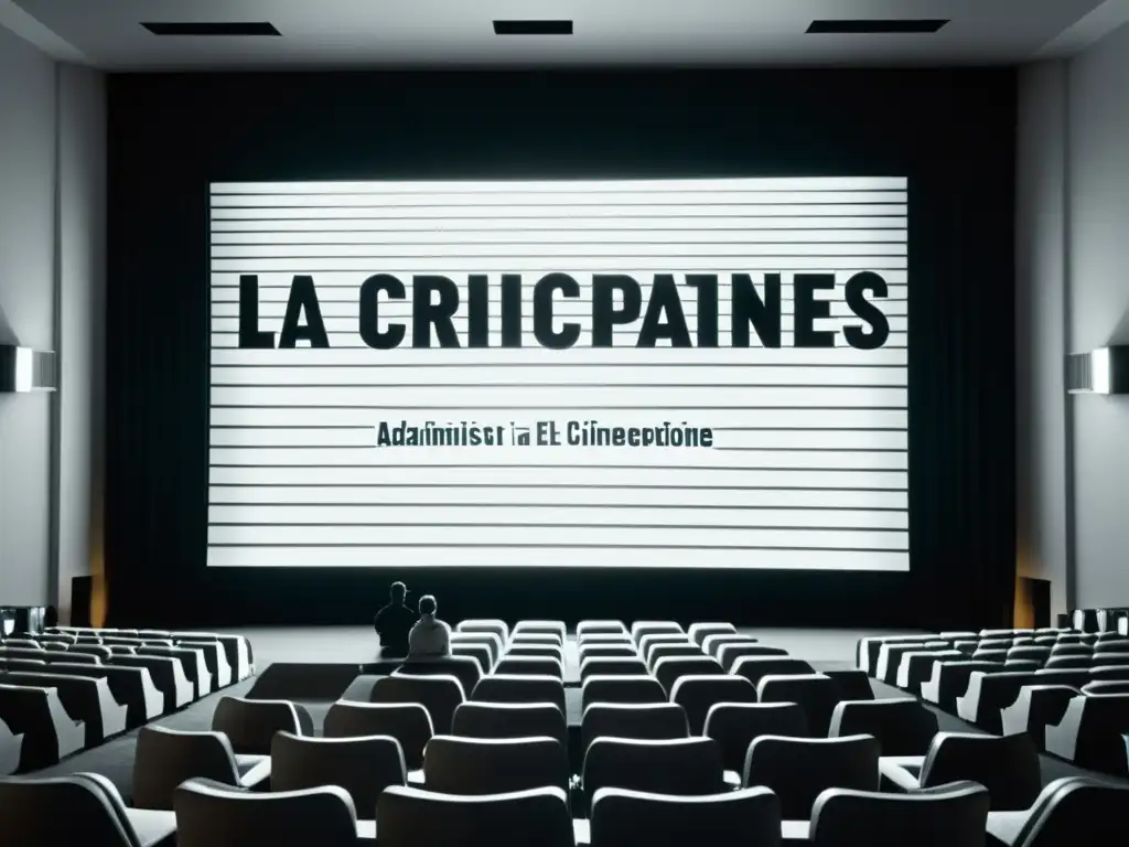 Imagen en blanco y negro de un libro clásico proyectado en una pantalla de cine con el texto 'Crítica literaria en adaptaciones cinematográficas' en tipografía elegante