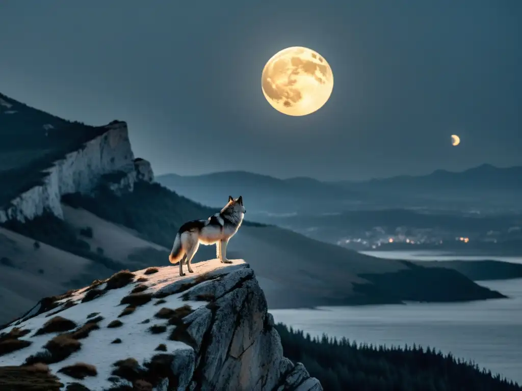 Imagen en blanco y negro de un lobo solitario en un acantilado, con la luna llena en el fondo