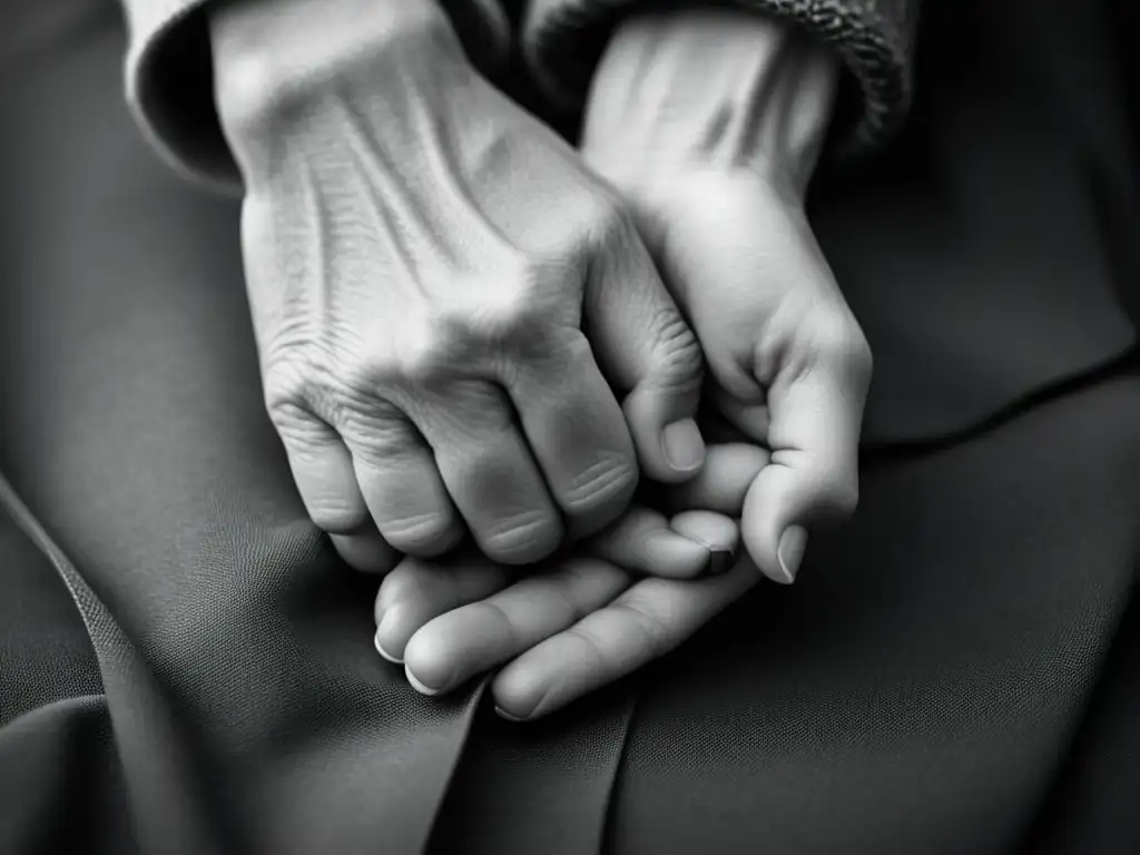 Imagen en blanco y negro de manos entrelazadas con delicada luz, evocando conexión humana