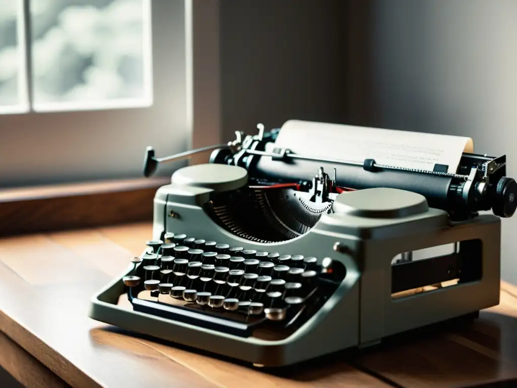 Una imagen en blanco y negro de una máquina de escribir vintage sobre un escritorio de madera iluminado por luz natural