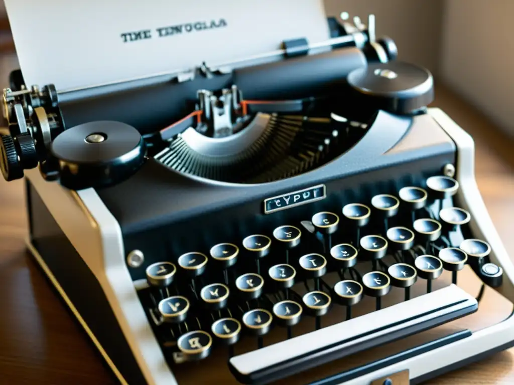 Una imagen en blanco y negro de una máquina de escribir vintage, con desgaste en las teclas y una luz cálida sutil