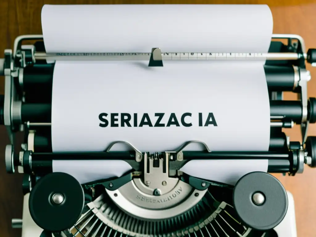 Una imagen en blanco y negro de una máquina de escribir vintage con la frase 'Serialización literaria en la web' escrita