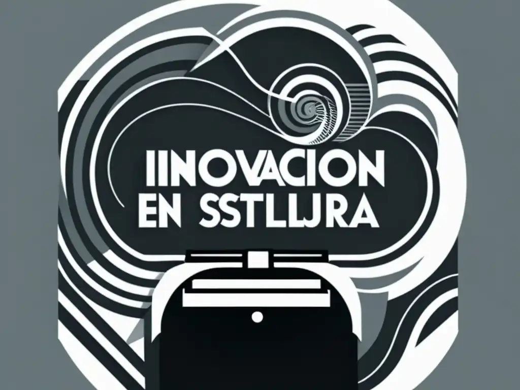 Imagen en blanco y negro de una persona sentada en una máquina de escribir, rodeada de líneas abstractas que representan creatividad e innovación