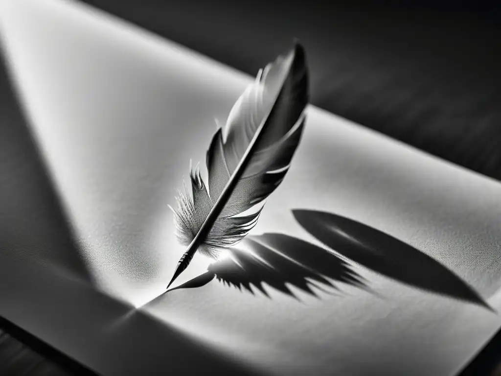 Una imagen en blanco y negro muestra una pluma sobre un papel en blanco, con tenues rayos de luz