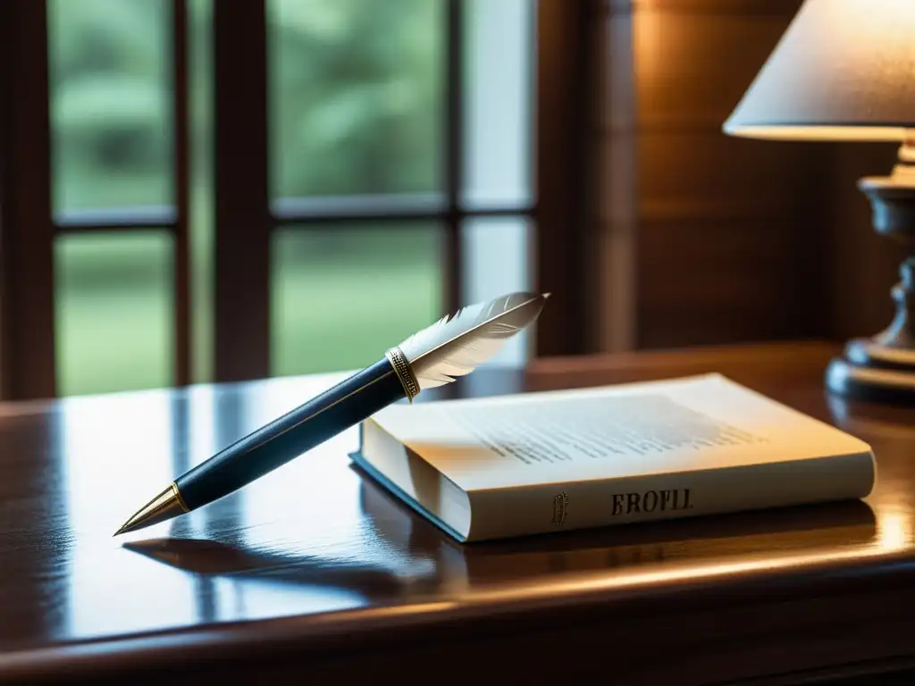 Imagen en blanco y negro de pluma y libros en un escritorio de madera, iluminados por la ventana