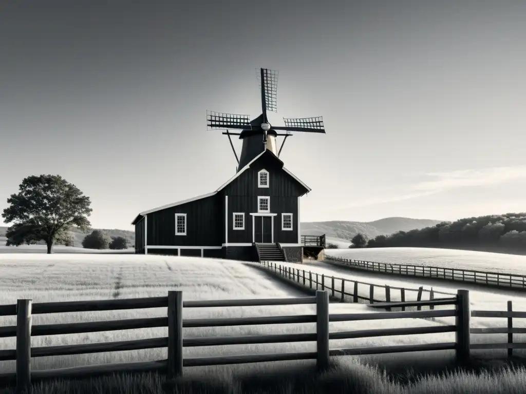 Imagen en blanco y negro de un pueblo rural americano, con una iglesia, una valla de madera y un molino