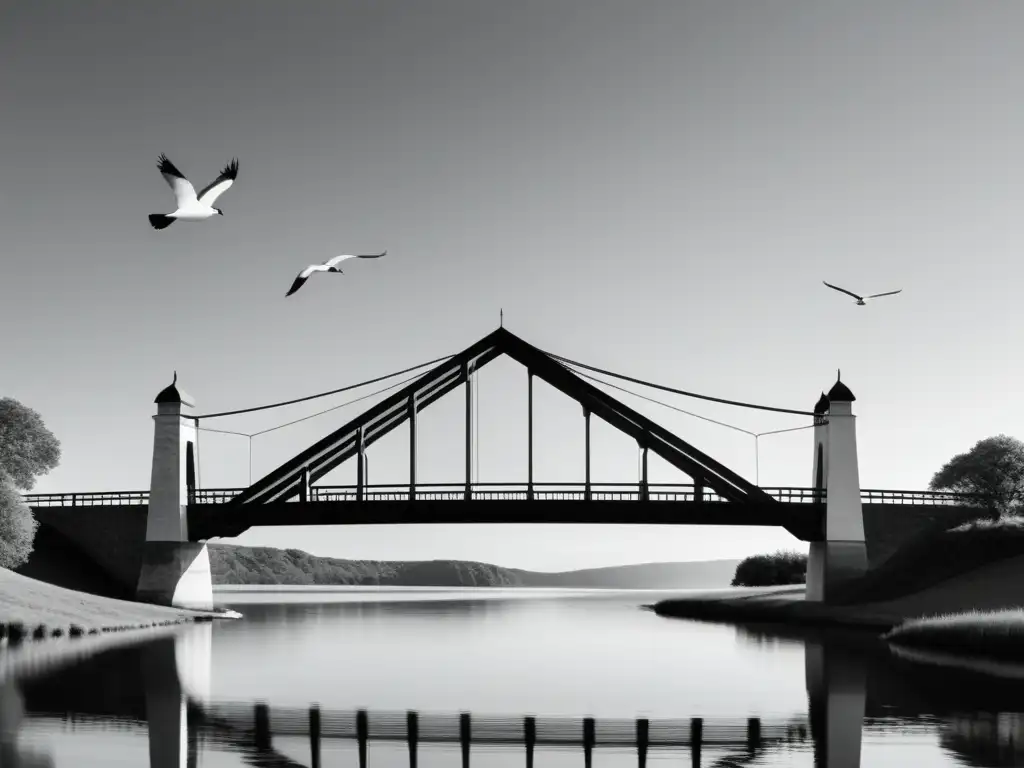 Imagen en blanco y negro de un puente sobre un río, con símbolos y elementos literarios integrados sutilmente