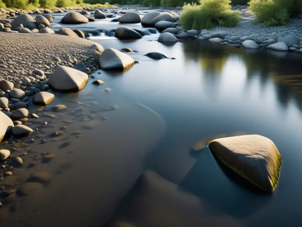 Imagen en blanco y negro de un río sereno que fluye con suavidad entre rocas y curvas, evocando técnicas literarias para expresar emociones