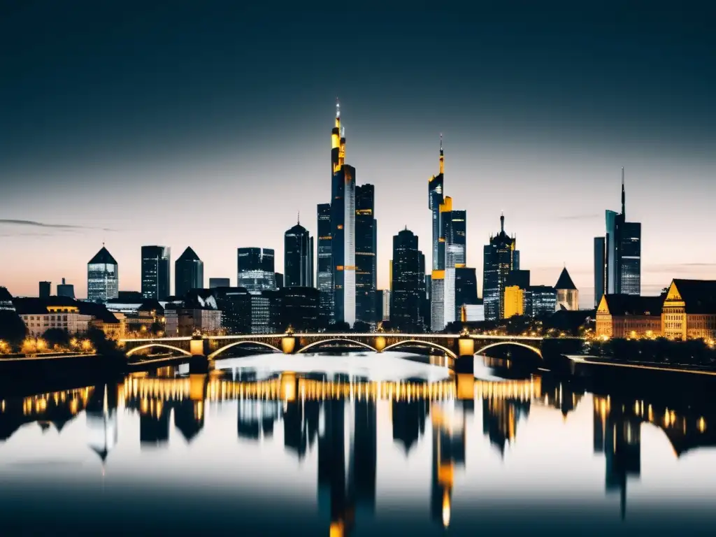 Imagen en blanco y negro de la serena y contemplativa Frankfurt de noche, reflejada en el río Main