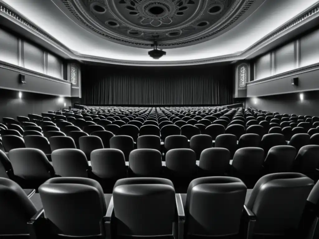 Imagen en blanco y negro de un teatro iluminado, con detalles arquitectónicos, proyector y filas de asientos vacíos