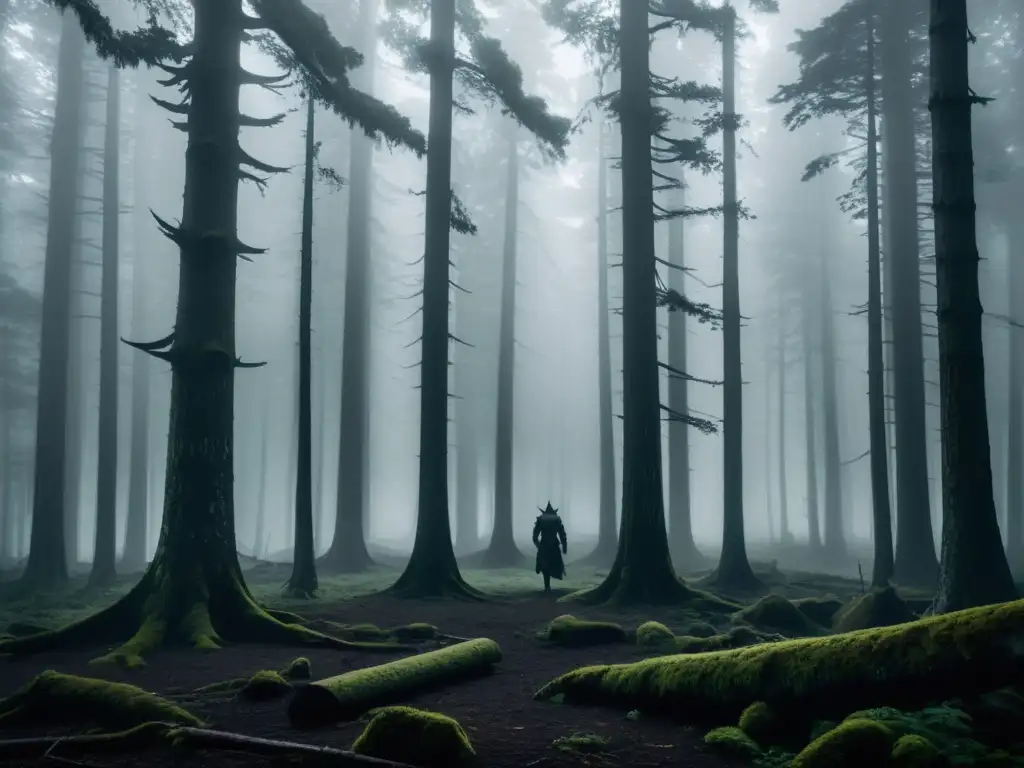 Imagen de un bosque antiguo y oscuro con criaturas fantásticas en el borde de un conflicto, evocando técnicas literarias para autores fantasía