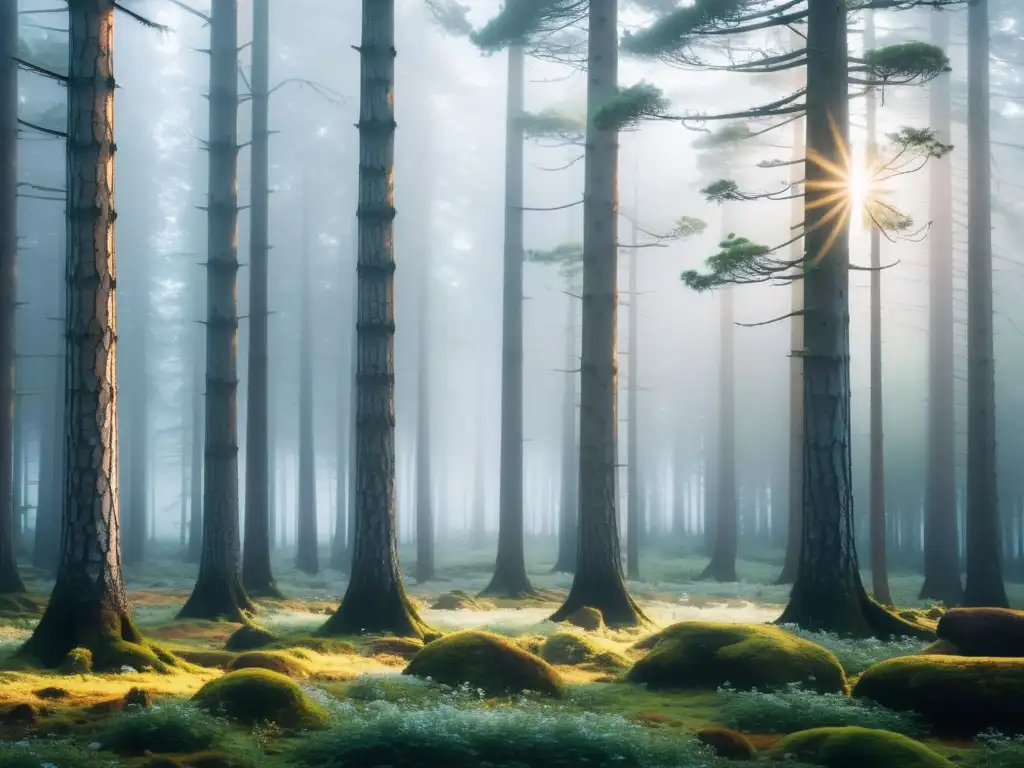 Imagen de un bosque escandinavo denso envuelto en una suave neblina