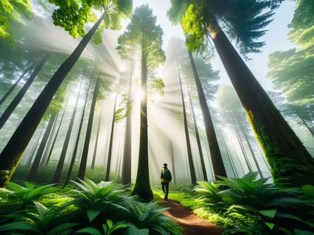 Imagen de un bosque exuberante con árboles majestuosos, filtrando la luz solar