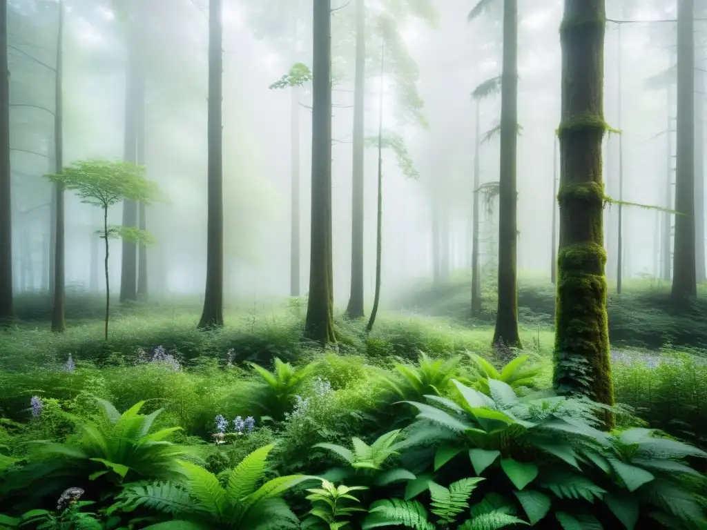 Imagen de un bosque exuberante envuelto en suave neblina matutina, con árboles majestuosos y luz filtrándose entre las hojas