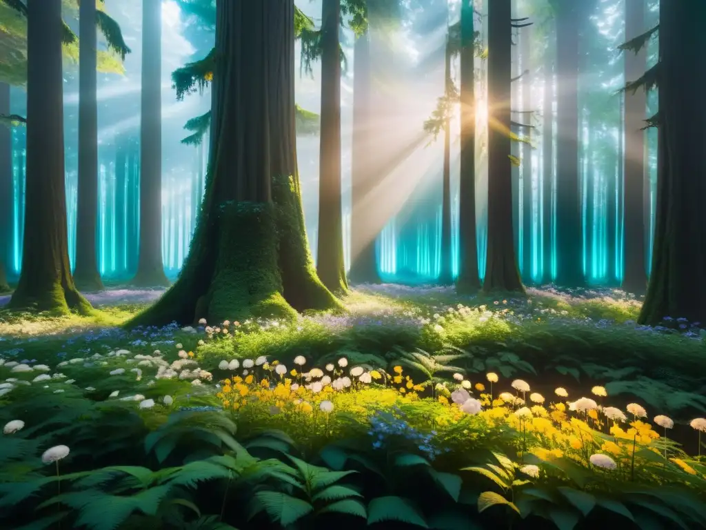 Imagen 8k de un bosque mágico con árboles gigantes, flores brillantes y luces flotantes