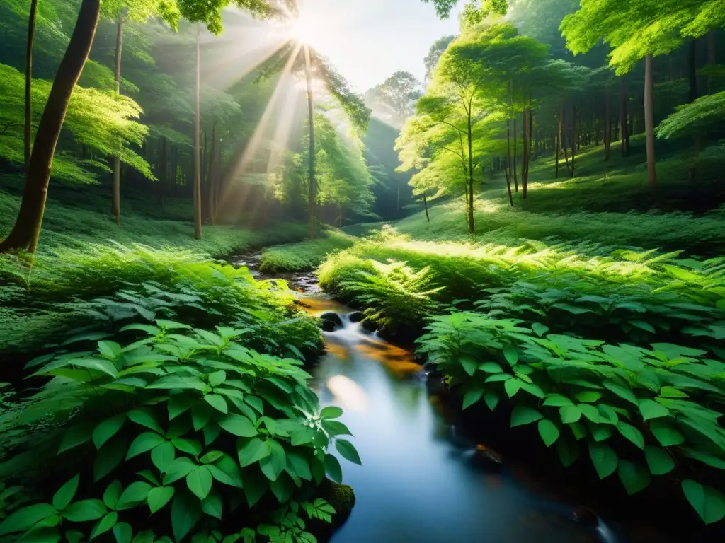 Imagen de un bosque verde exuberante con luz del sol filtrándose entre las hojas