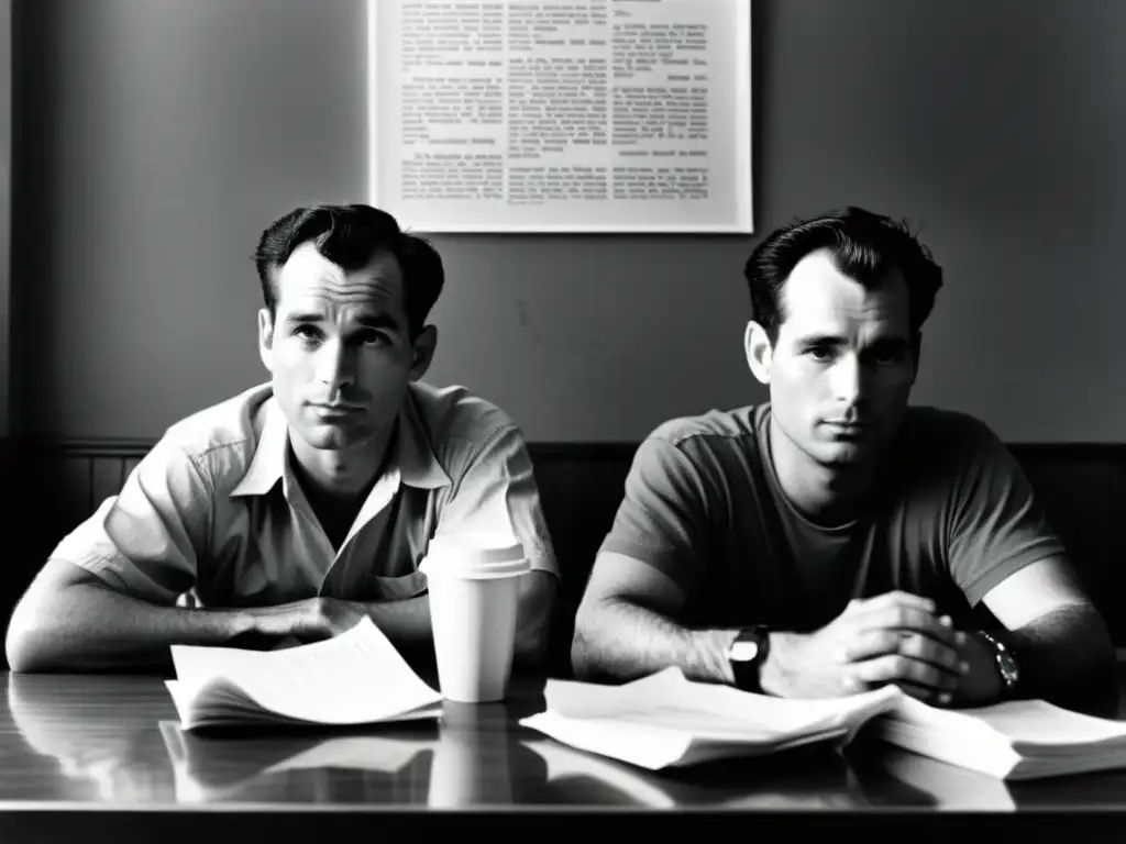 Imagen de Jack Kerouac y Allen Ginsberg en un café, rodeados de papel y servilletas