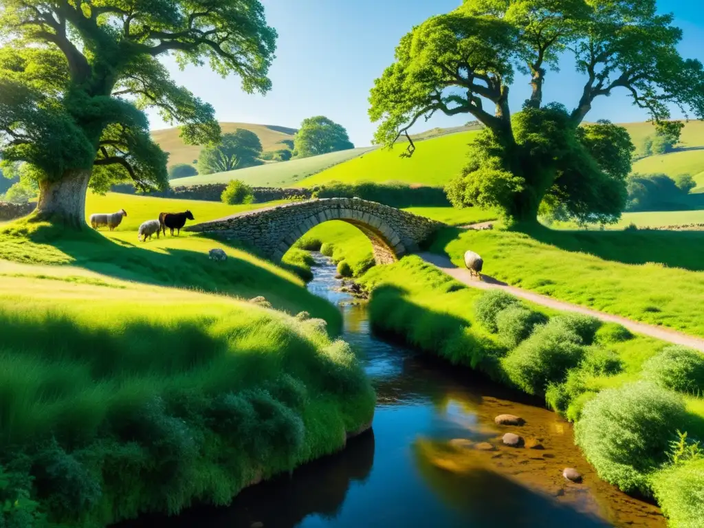 Imagen de la campiña idílica con colinas verdes, arroyo cristalino y puente rústico