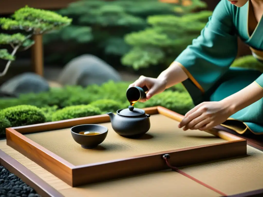 Imagen de una ceremonia del té japonesa, con un jardín sereno, casa de té de madera, y una inmersión en la cultura japonesa Manga Barcelona