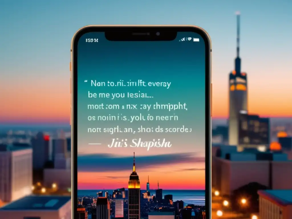 Imagen de poesía contemporánea en redes sociales en smartphone elegante, con diseño minimalista y fondo urbano al atardecer