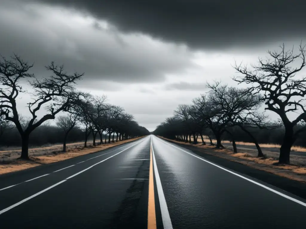 Imagen desoladora de un camino vacío y árboles retorcidos, reflejo del Teatro de lo Absurdo análisis