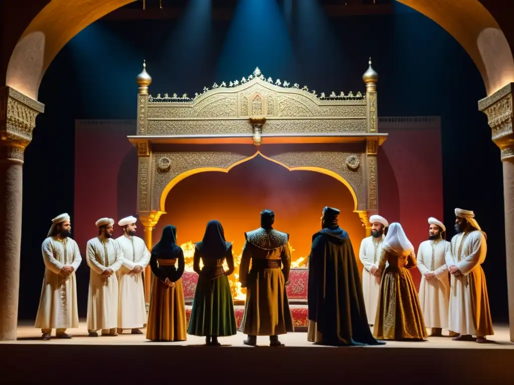 Imagen detallada en 8K de la actuación teatral de 'Los Persas' de Esquilo, con actores mostrando emociones intensas en un escenario elaborado que transporta a la antigua Persia