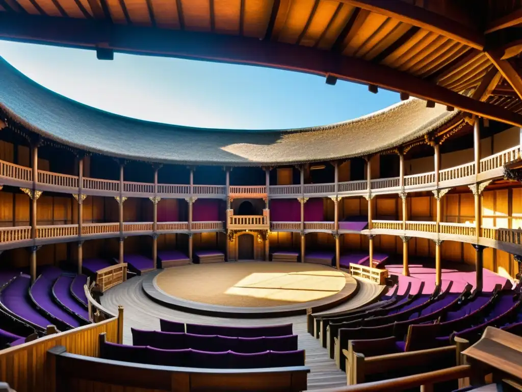 Una imagen detallada y de alta resolución del Teatro Globe, mostrando su diseño arquitectónico, juego de luces y sombras, y la animada atmósfera de una obra de teatro de Shakespeare