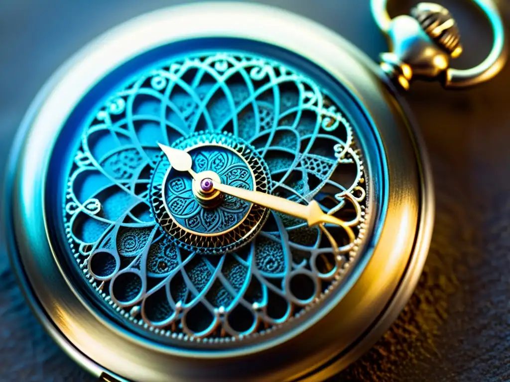 Reloj de bolsillo antiguo con filigranas y engravings Una imagen detallada de un antiguo reloj de bolsillo desgastado, con grabados intrincados y filigranas delicadas