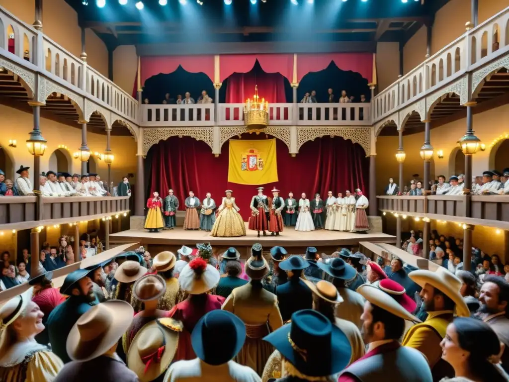 Una imagen 8k detallada de un bullicioso corral de comedias español durante el Renacimiento, con vestuarios detallados y escenografías vibrantes