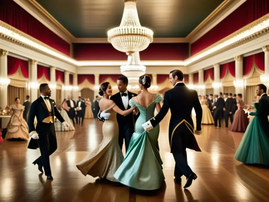 Imagen detallada de una escena de salón vintage, con parejas elegantemente vestidas bailando y socializando en un ambiente opulento