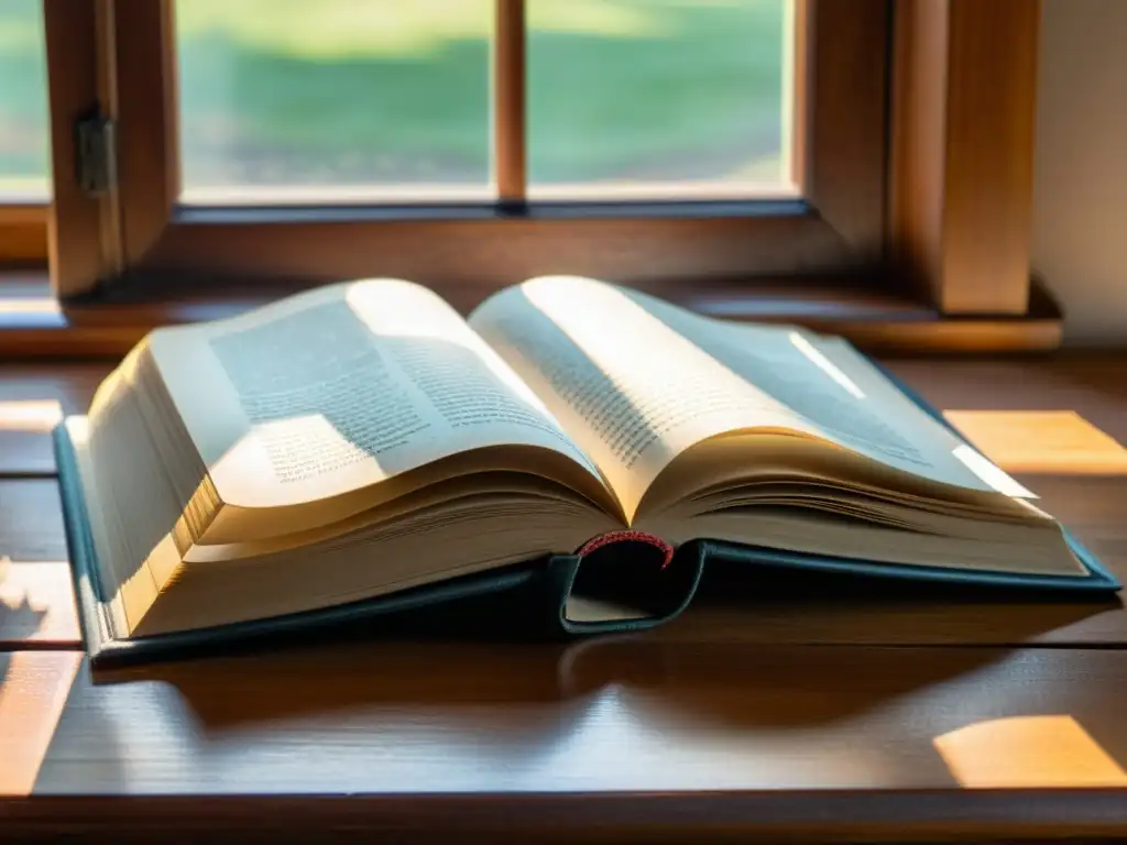 Una imagen detallada de un libro abierto en una mesa de madera antigua, iluminada por luz natural