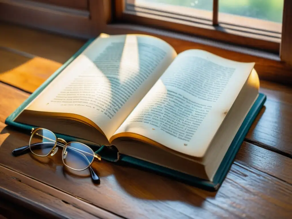 Una imagen 8K detallada de un libro antiguo sobre un escritorio de madera, iluminado por luz natural