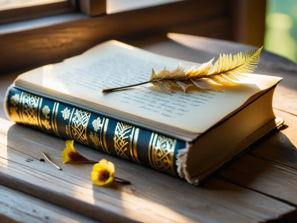 Una imagen detallada de un libro vintage abierto con caligrafía elegante, flores prensadas y una pluma, en una atmósfera contemplativa