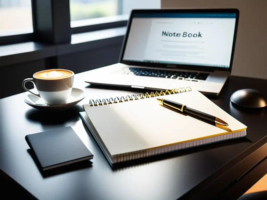 Una imagen detallada de un moderno escritorio de oficina con laptop, cuaderno y pluma, iluminado por luz natural