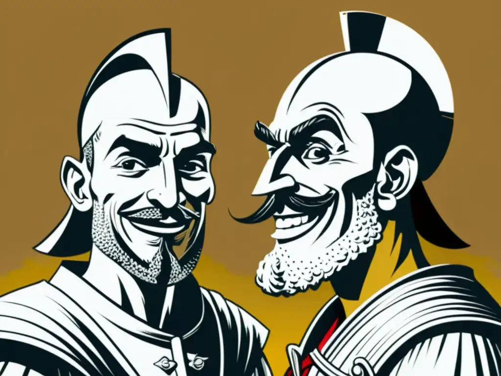 Imagen detallada en 8k de Don Quijote y Sancho Panza representando la dualidad humor y tragedia en la ilustración en blanco y negro