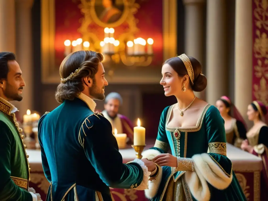 Una imagen detallada de una reunión en la corte del Renacimiento, con nobles elegantemente vestidos inmersos en conversaciones y sutiles coqueteos