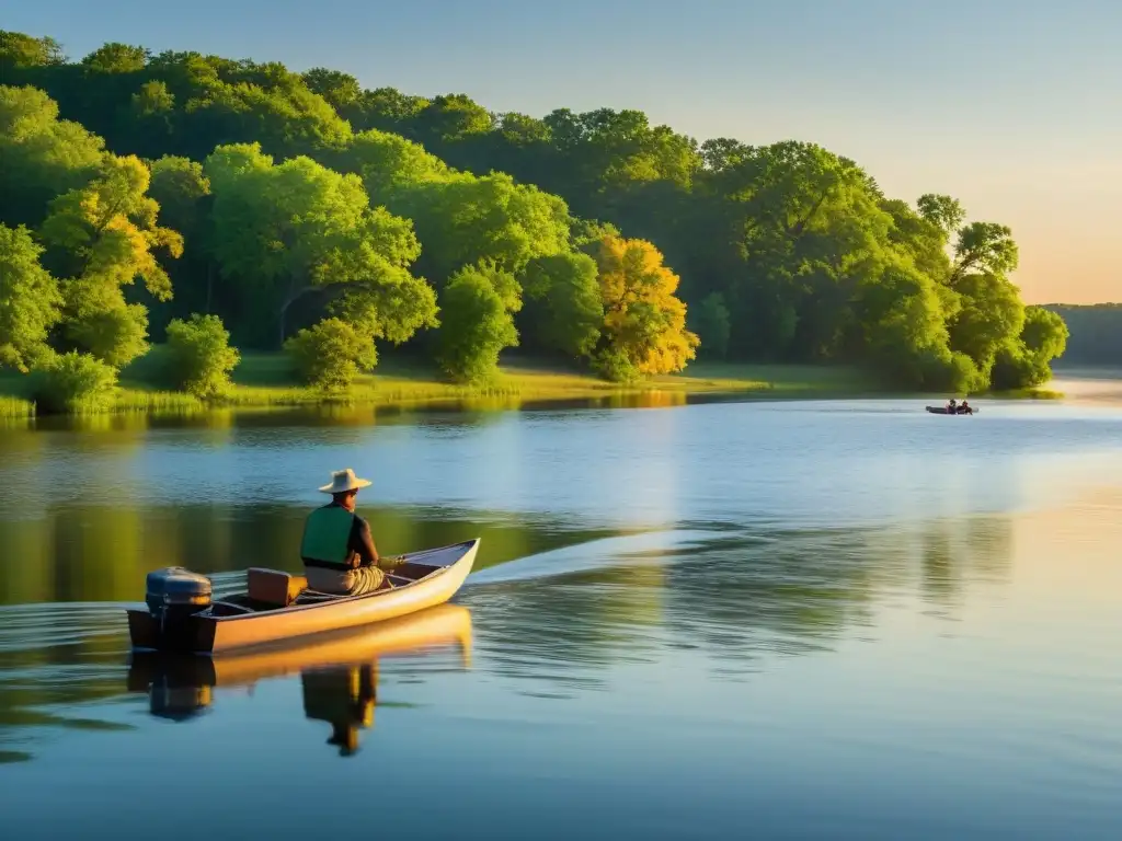 Imagen detallada de un sereno río Misisipi al atardecer, con una balsa de madera flotando