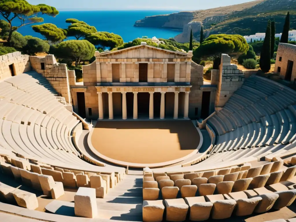 Imagen 8k detallada de teatro griego antiguo, con esculturas y espectadores detallados, capturando la evolución del término comedia literaria