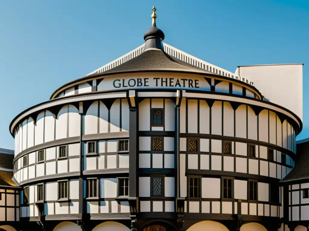 Imagen detallada del Globe Theatre en blanco y negro, reflejo de la monarquía y la nobleza en las obras históricas de Shakespeare