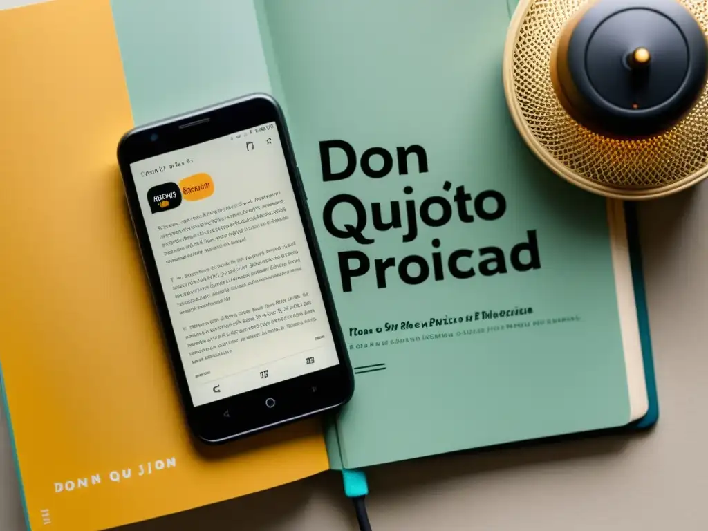 Imagen de una elegante app de audiolibros para clásicos literarios en un smartphone, con diseño moderno y sofisticado