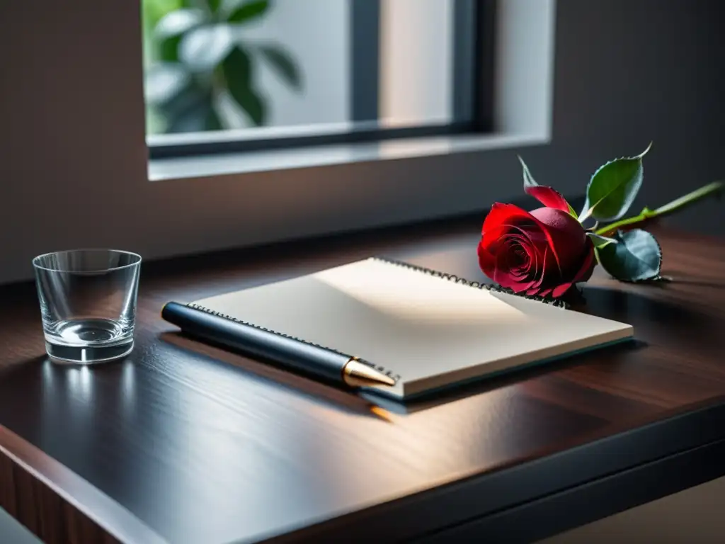 Imagen de un elegante escritorio de madera oscura con cuaderno en blanco, pluma y rosa roja en un jarrón