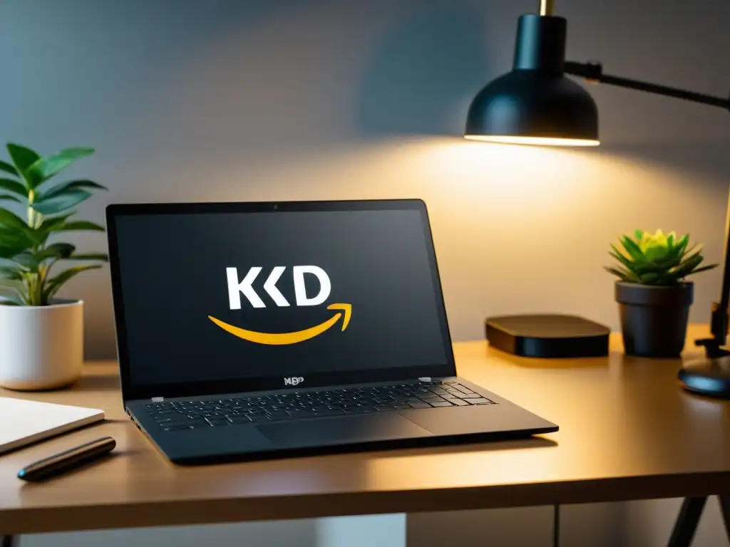 Imagen de una elegante laptop con el logo de Amazon KDP en pantalla, en un espacio de trabajo limpio y minimalista