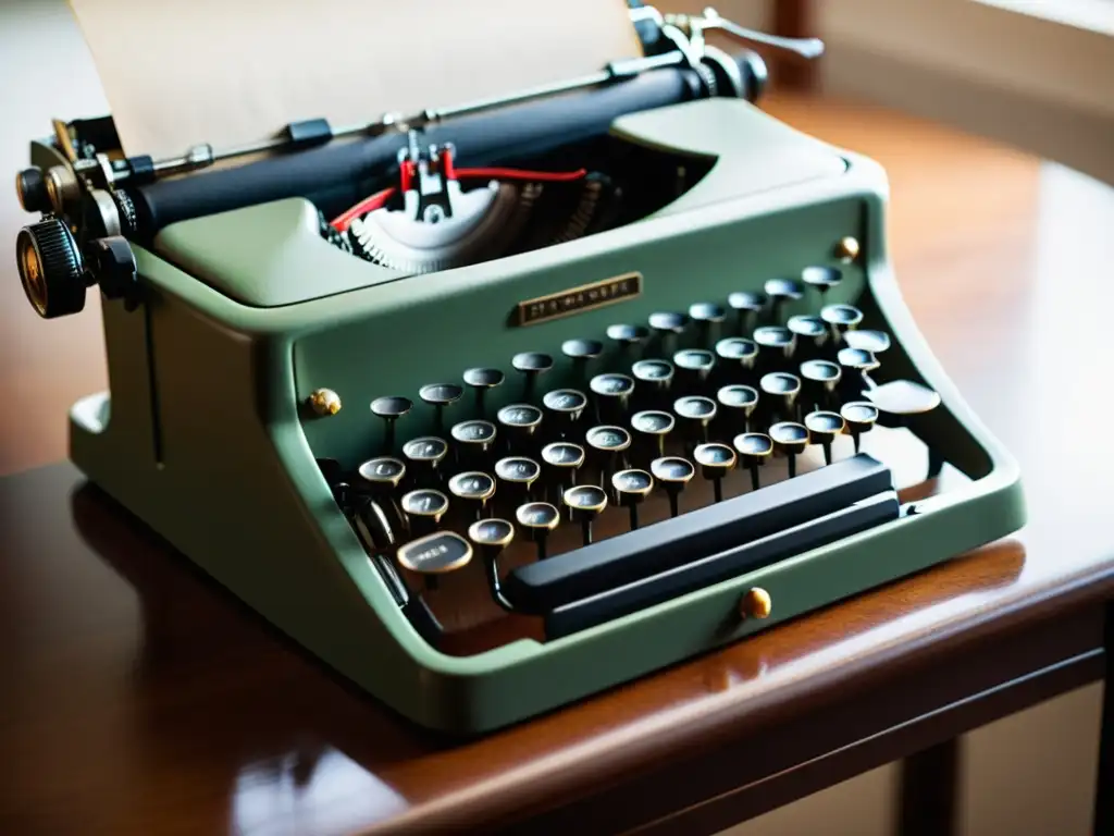 Una imagen de una elegante máquina de escribir vintage sobre un escritorio moderno, bañada por una suave luz natural