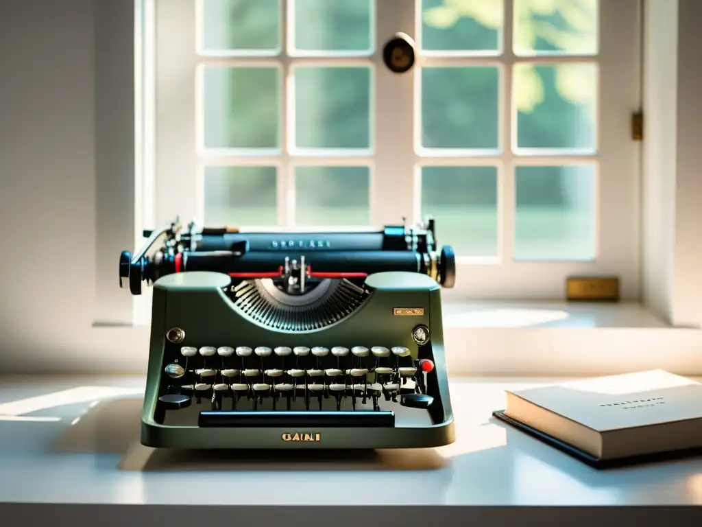 Imagen de una elegante máquina de escribir vintage en un escritorio blanco, con luz natural