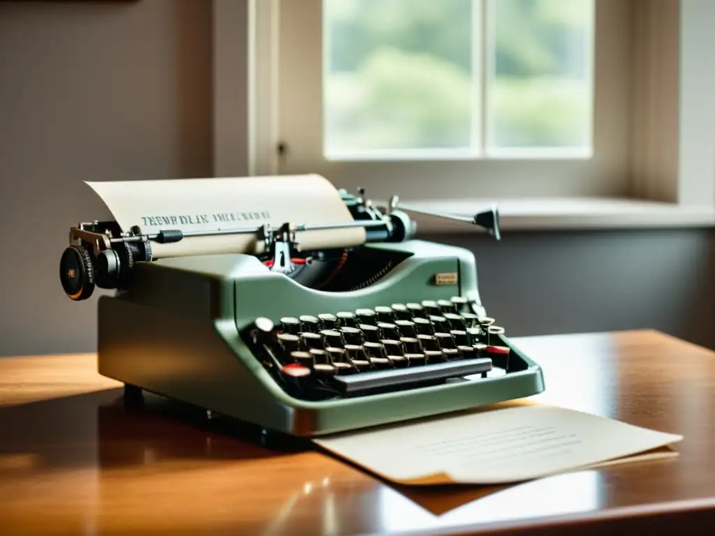 Una imagen de una elegante máquina de escribir vintage en un escritorio moderno con luz natural