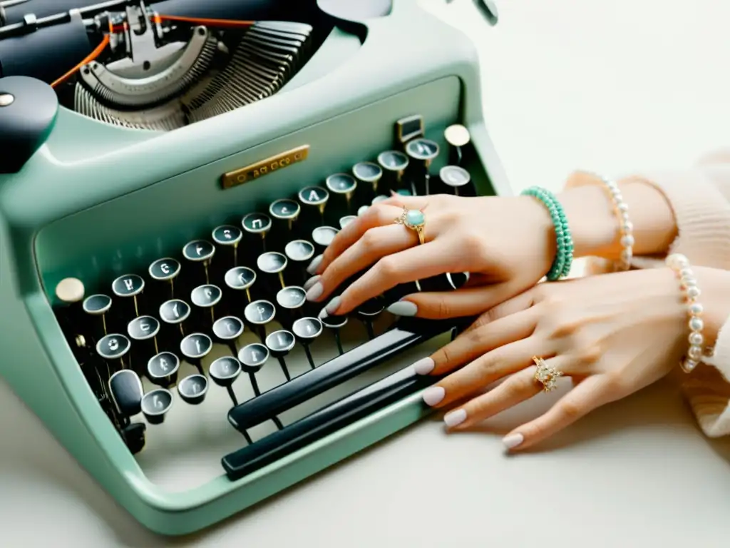 Una imagen elegante y minimalista de una antigua máquina de escribir, con manos femeninas adornadas con joyas y esmalte de uñas suave